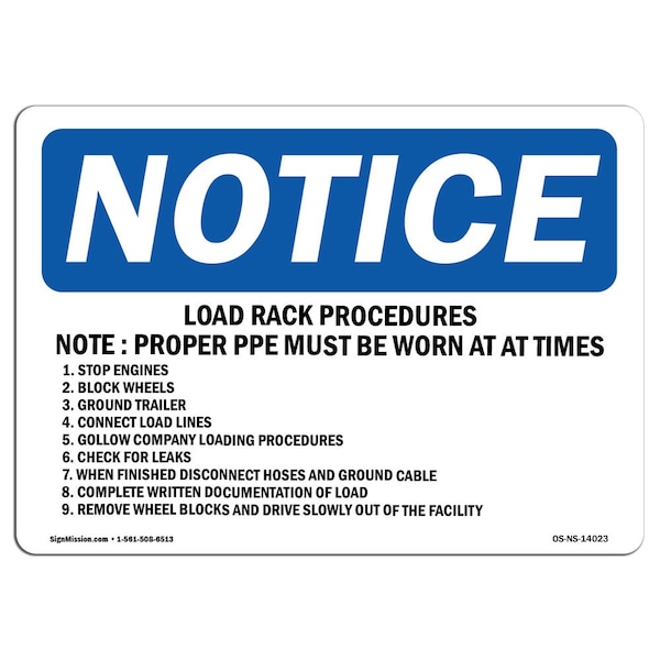 OSHA, Load Rack Procedures Note Proper PPE Must, 24in X 18in Rigid Plastic, 24" W, 18" H, Landscape